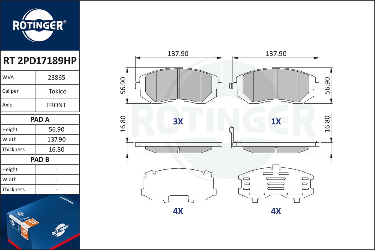 Klocki hamulcowe ROTINGER (Przód) RT 2PD17189HP, ECE R90, Komplet 4 sztuk