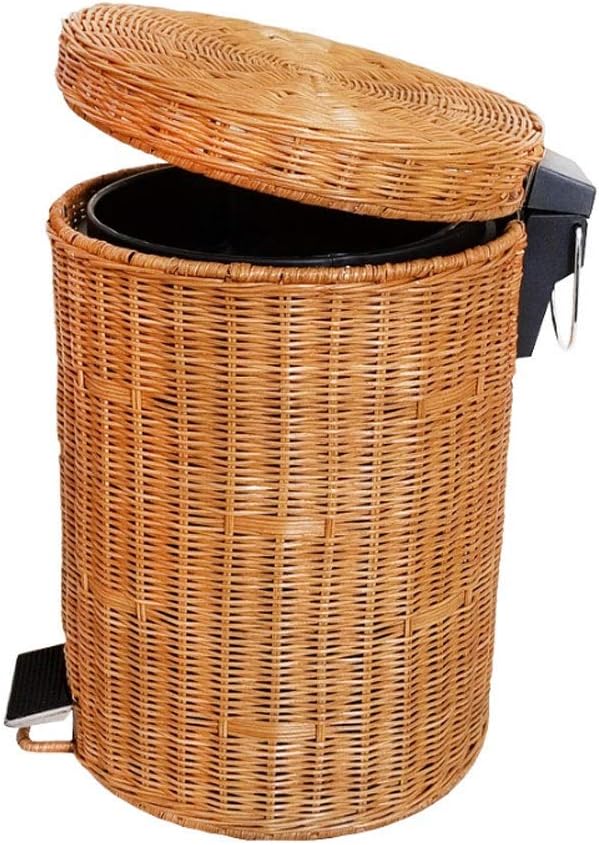 Nordic Creative Natural Rattan Trash Can Slow Down Silent Pedal Garbage Bin with Lid Fashion Country Style Wastebasket (Color : Yellow, Size : 8L)