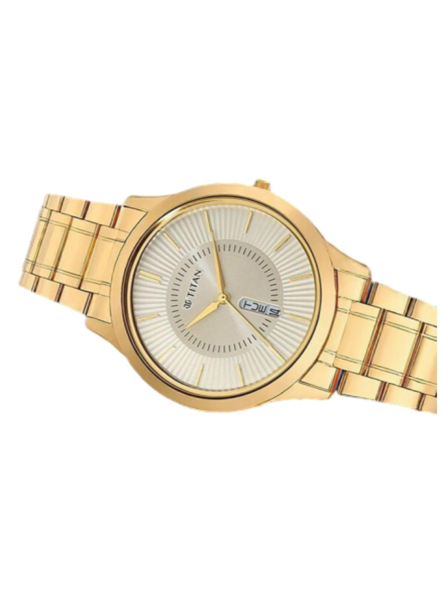 Titan Quartz Analog with Day and Date Yellow Dial Metal Strap