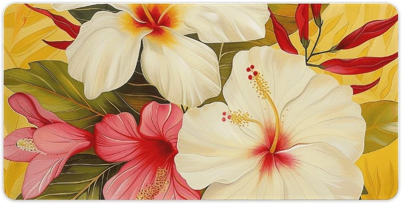 Alfombrilla Ratón Blanca Hibisco 60x30cm Antideslizante Goma