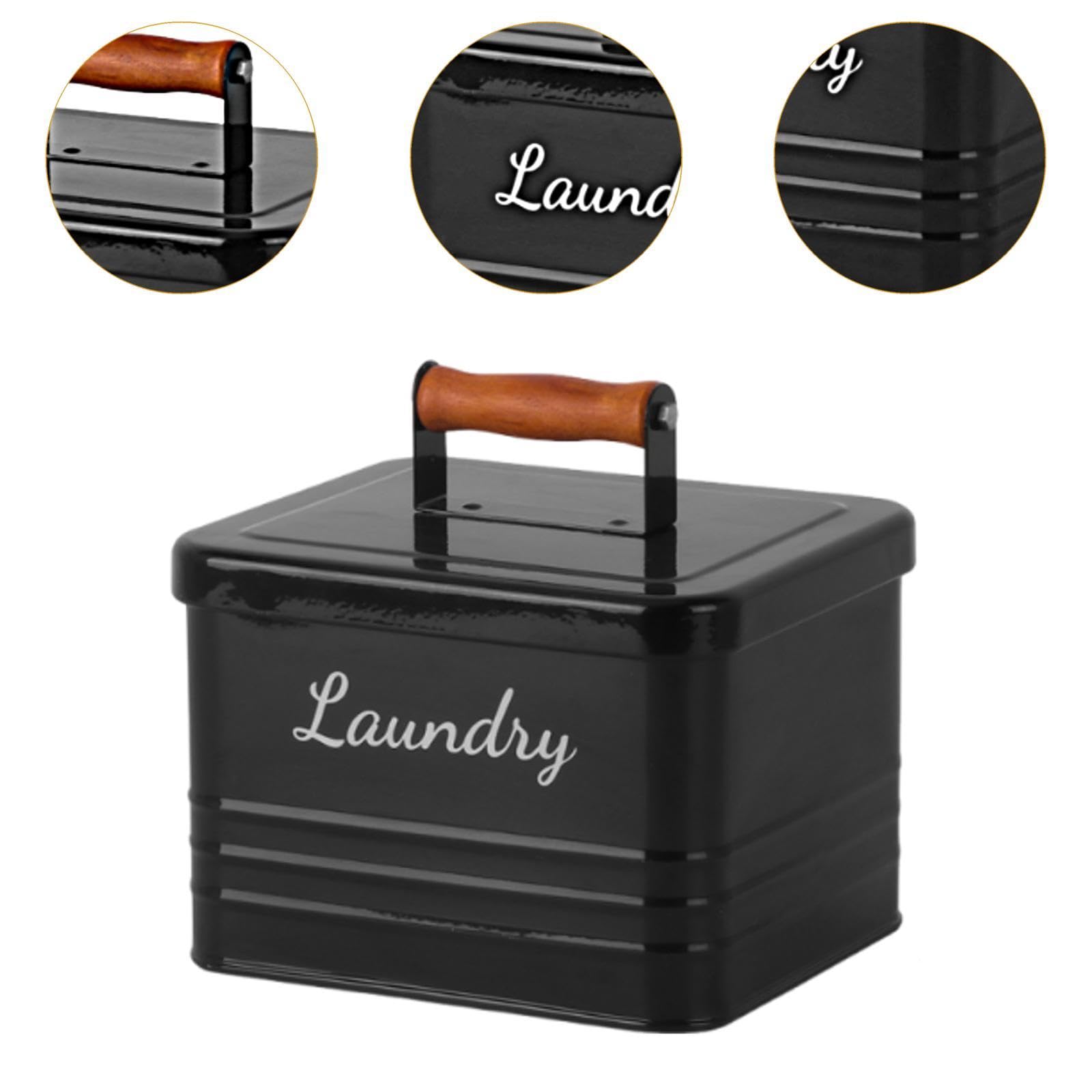 Qianly Wäschereischalen Lagerbehälter Waschkapsel Halter Eisenlagerbox Holzgriff für Zuhause, Schwarz
