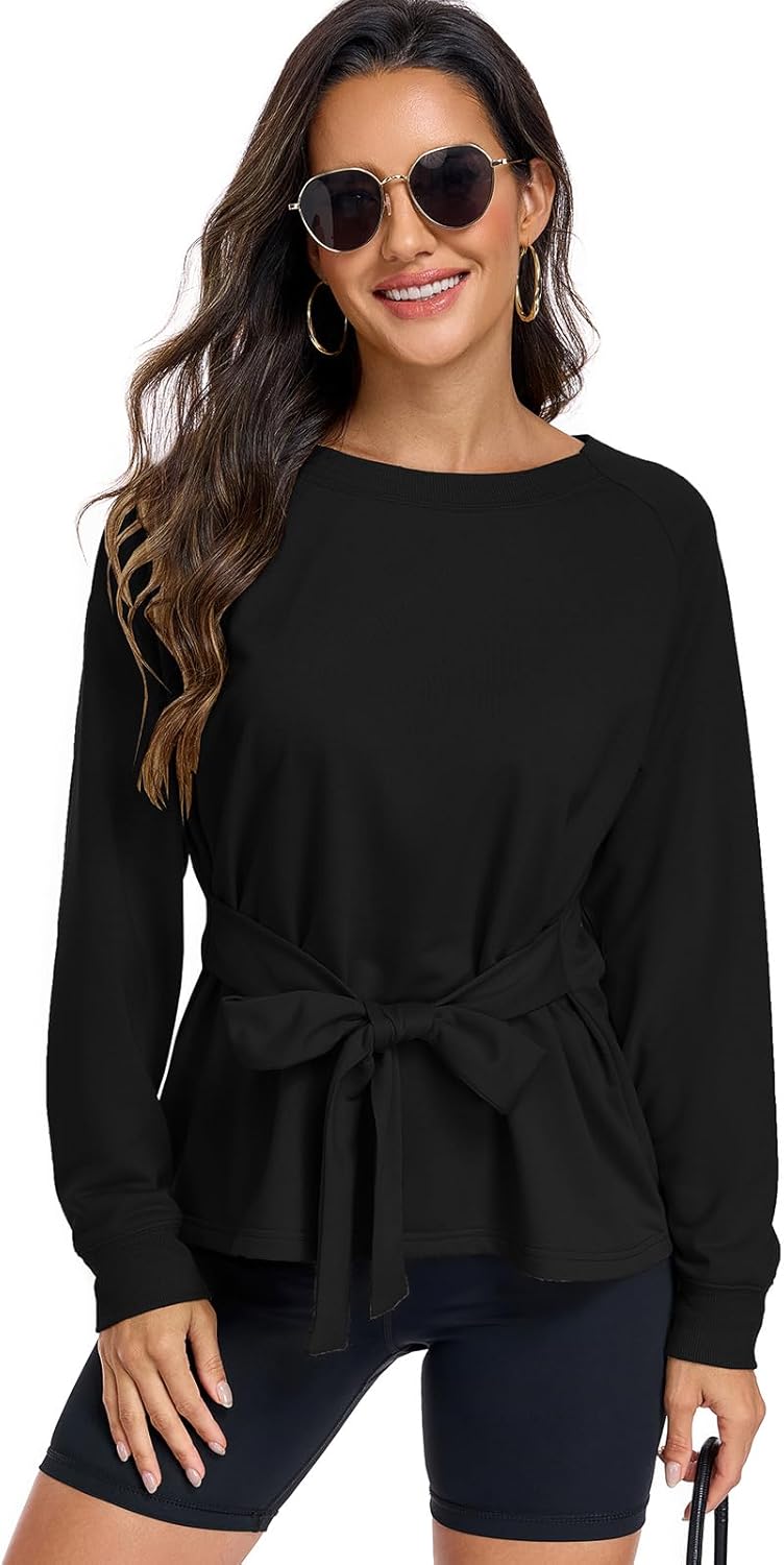 Women's Long Sleeves Shirt Tops Crew Neck Tie Knot Sweatshirt Tops Casual Fall Loose Fit Cropped Top Pullover - Image 7