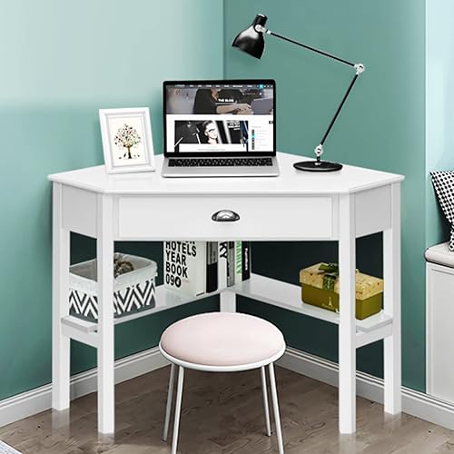 Miniatura 22 de Tangkula Escritorio esquinero, escritorio de esquina para computadora con cajón para espacio pequeño, escritorio de tocador de maquillaje de esquina