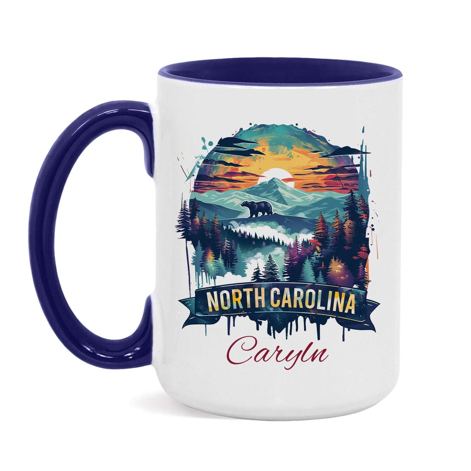 North Carolina State Coffee Mug, Custom Mountain Scene Ceramic Cup, Personalized Name Iconic State Accent Mug, Gift For Friend Coworker, Customized