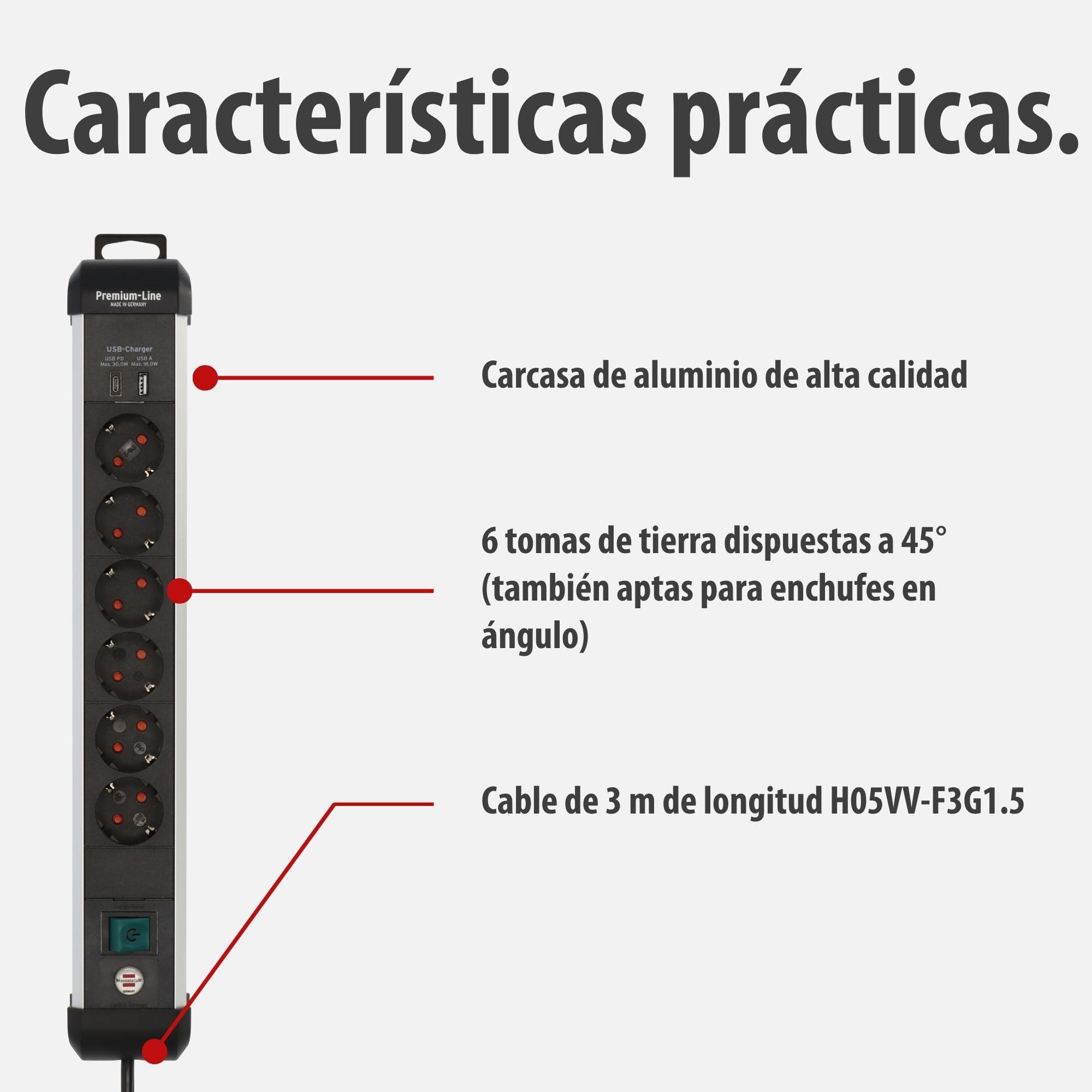 Brennenstuhl Premium-ALU-Line regleta de 6 enchufes con USB C PD 30W y USB A 18W de Aluminio (Fabricado en Alemania, regleta con Cable de 3m e Interruptor, para Montaje en Pared)