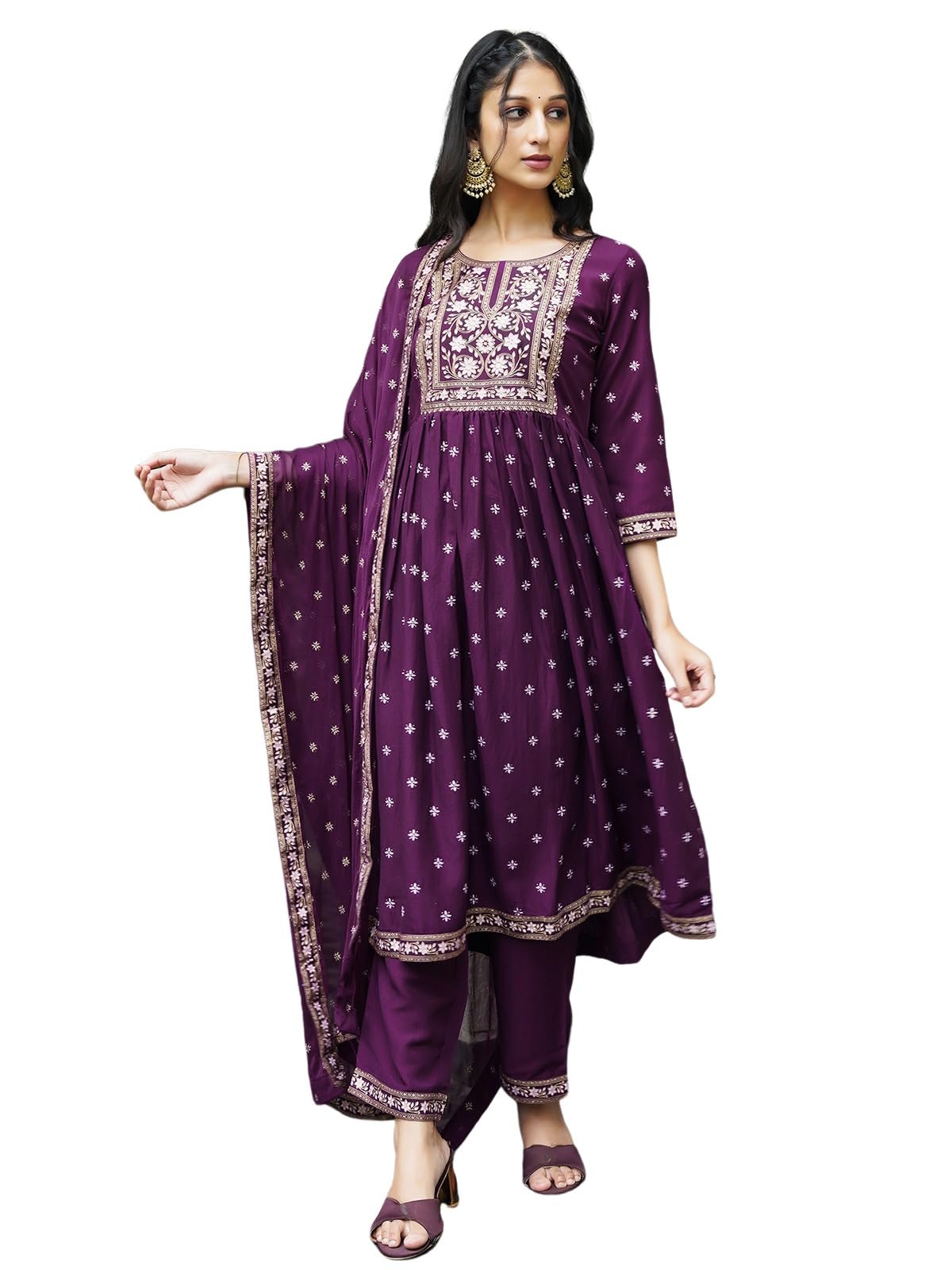Sanisa Women's Chinnon Foil Floral Printed Straight Kurta With Pant And Dupatta Set (208Kbd2204N-L_Deep Purple & Lavender. Golden)