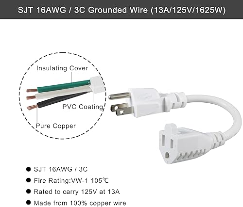 Miniatura 3 de KUNCAN Cable de extensión de alimentación corta  8 pulgadas, 3 clavijas, ahorro de salida a tierra, 16AWG13A, cable de alimentación resistente (NEMA