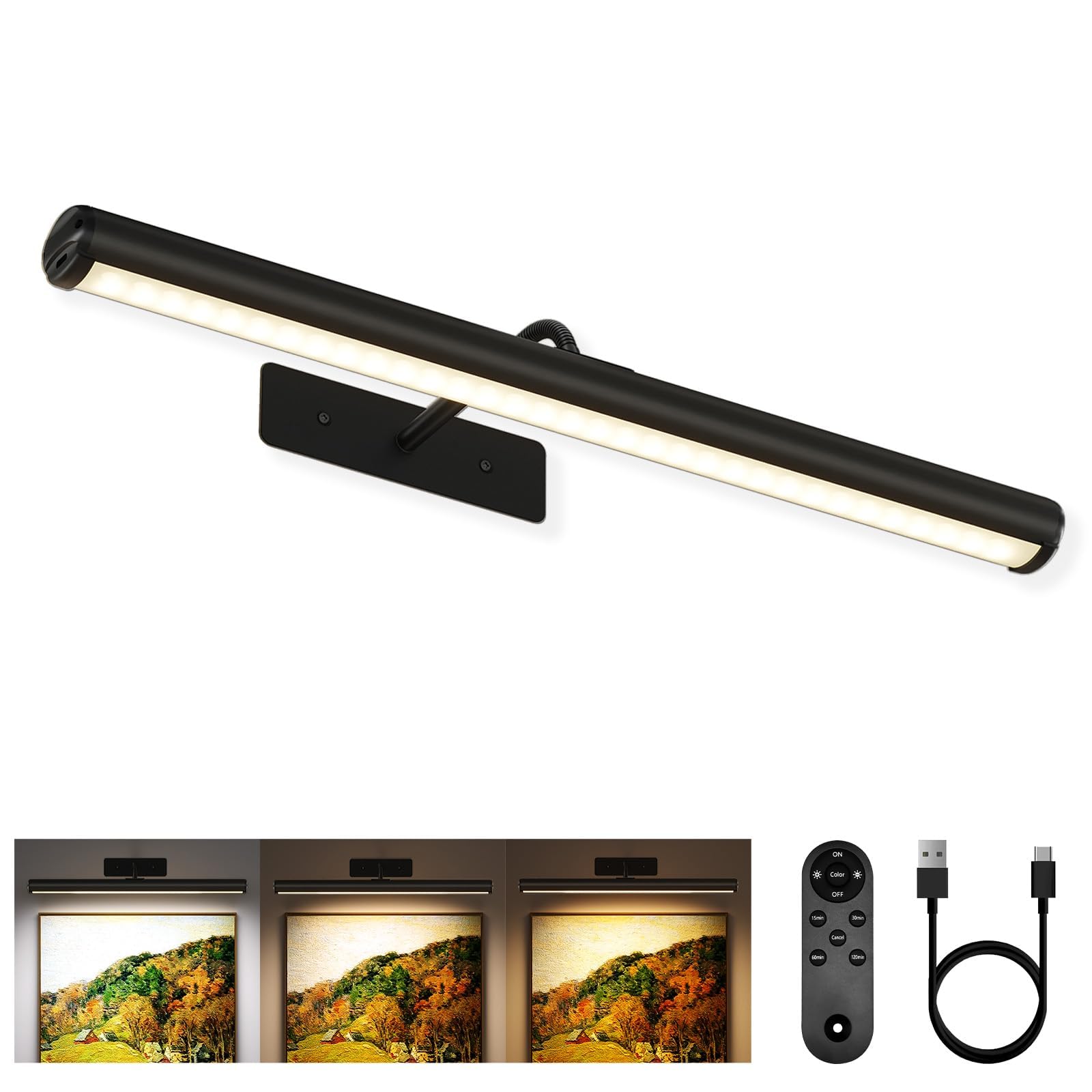 EZVALO Picture Lights for Wall, 16'' Wireless 6000mAh Rechargeable Battery Operated Painting Light with Remote, 3 Color Temperatures Art Light for Gallery, Living Room, Hallway (Black, 16in