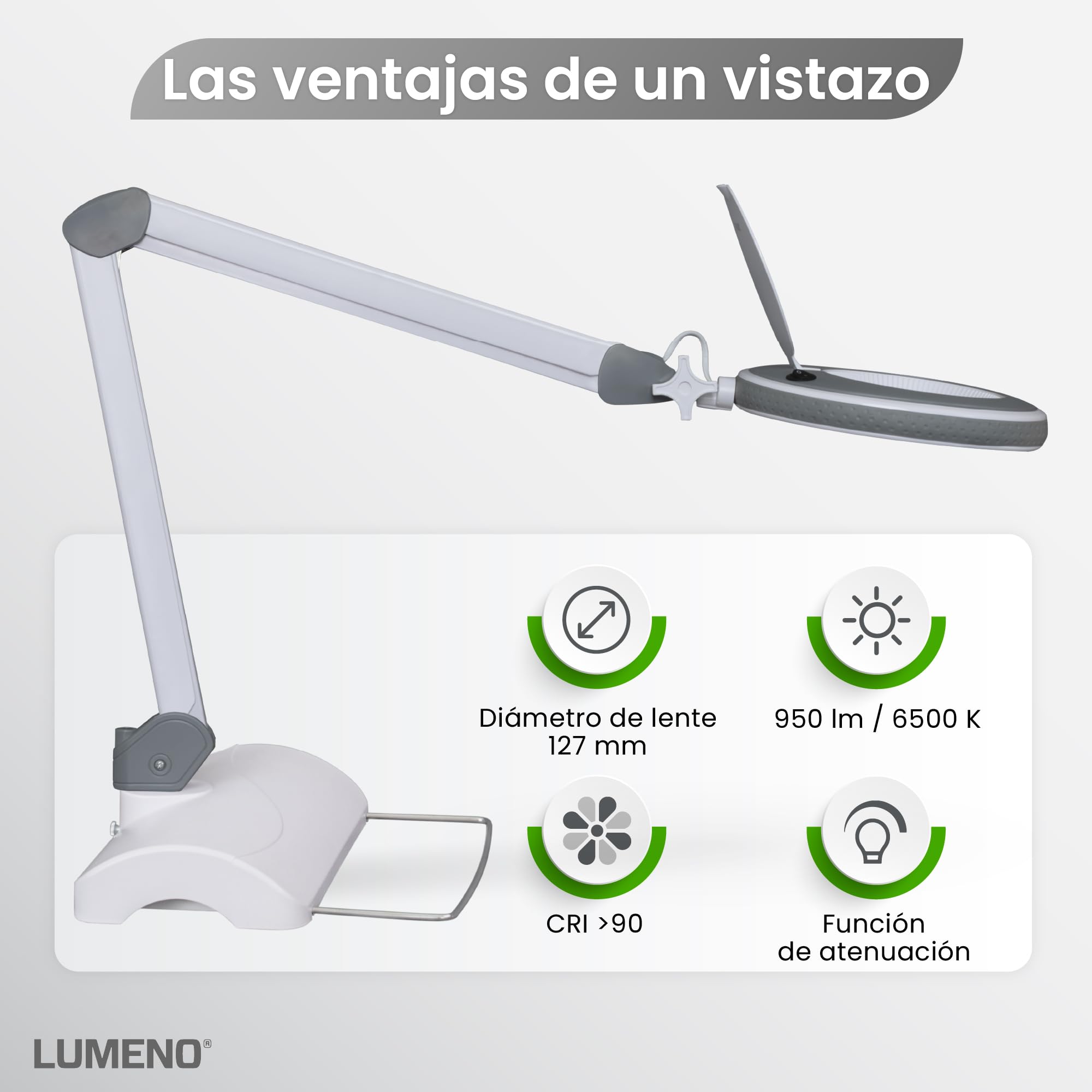 Lumeno 8215GR Lupa LED Lámpara de trabajo Lámpara cosmética, luminosidad regulable, lente de cristal de 127 mm, lupa de lectura, 5 dioptrías con soporte de sobremesa