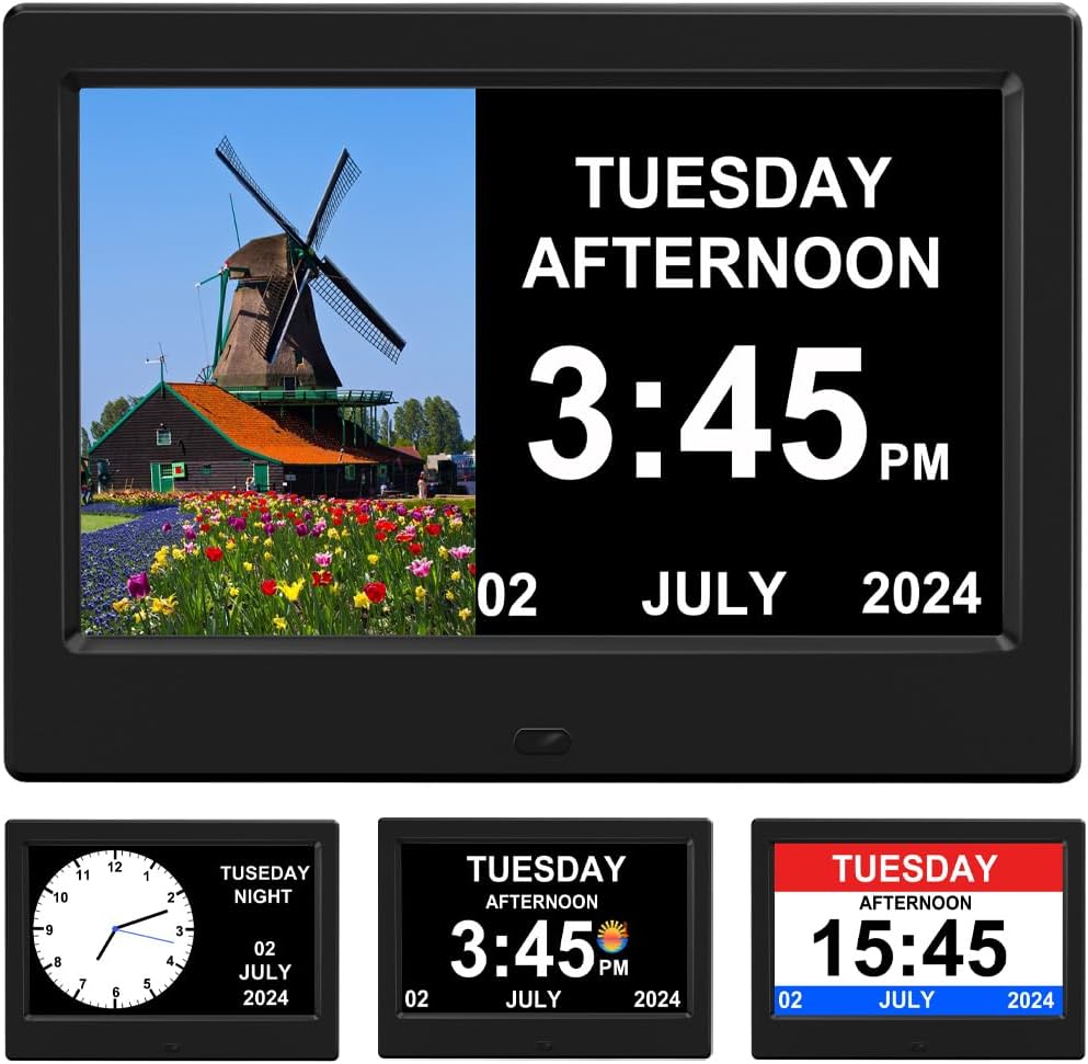 Alarm Clock with Day and Date for Elderly Digital Calendar Clock Photo Frame- Auto Dimmable Display 15 Alarm Options, Clock with Non-Abbreviated Day & Month (10.1 inch Black)