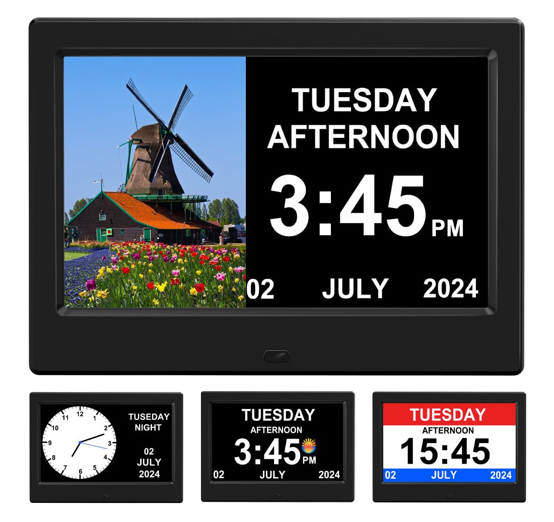 FEYBYLA (No Power Adapter Alarm Clock with Day and Date for Elderly 7inch Digital Calendar Clock Photo Frame- Auto Dimmable Display 15 Alarm Options, Clock with Non-Abbreviated Day & Month