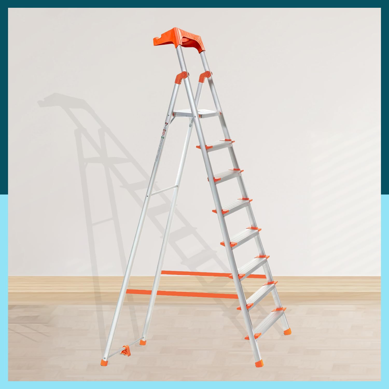 8 Step Foldable Aluminium Step Ladder with Tool Tray and Build in Bucket Holder for Home Use, Lightweight and Anti-Slip Multipurpose 250 Kg Load Bearing with 5-Year Warranty