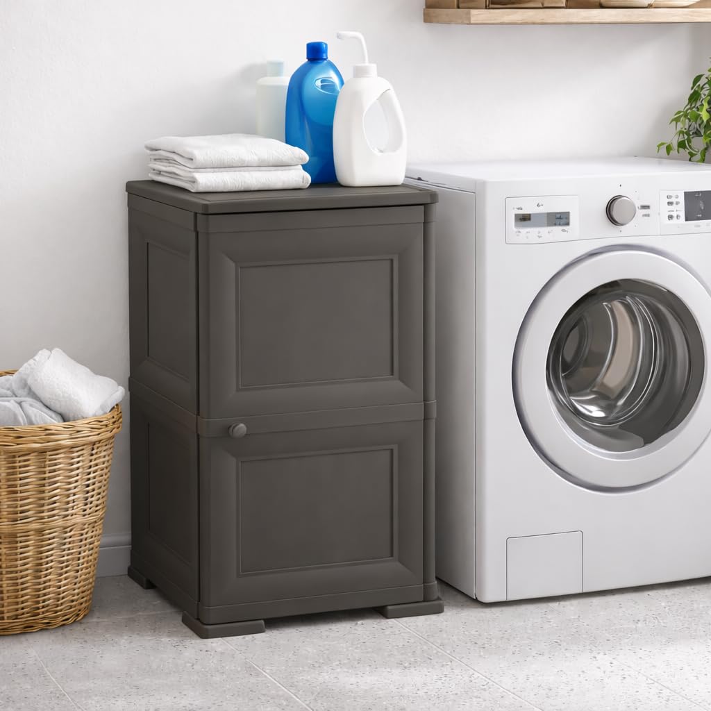 Mobile Bagno Salvaspazio 2 Ante in Plastica Wengé 40x43x85,5 cm – Armadietto Contenitore con Ripiano Interno per Asciugamani, Carta Igienica e Organizzazione Bagno (Taupe Scuro)