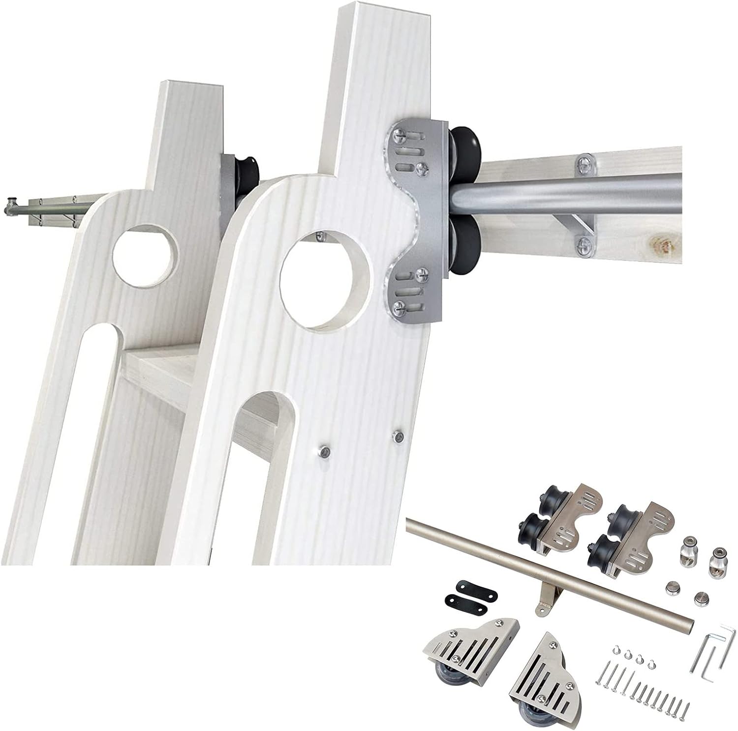 Rolling Library Sliding Ladder Hardware Kit - Sliding Barn Door Track Hardware Accessories, LOFT Mobile Ladder Hanging Track (with Rollers), Easy to Install Safe Load Bearing Hardware