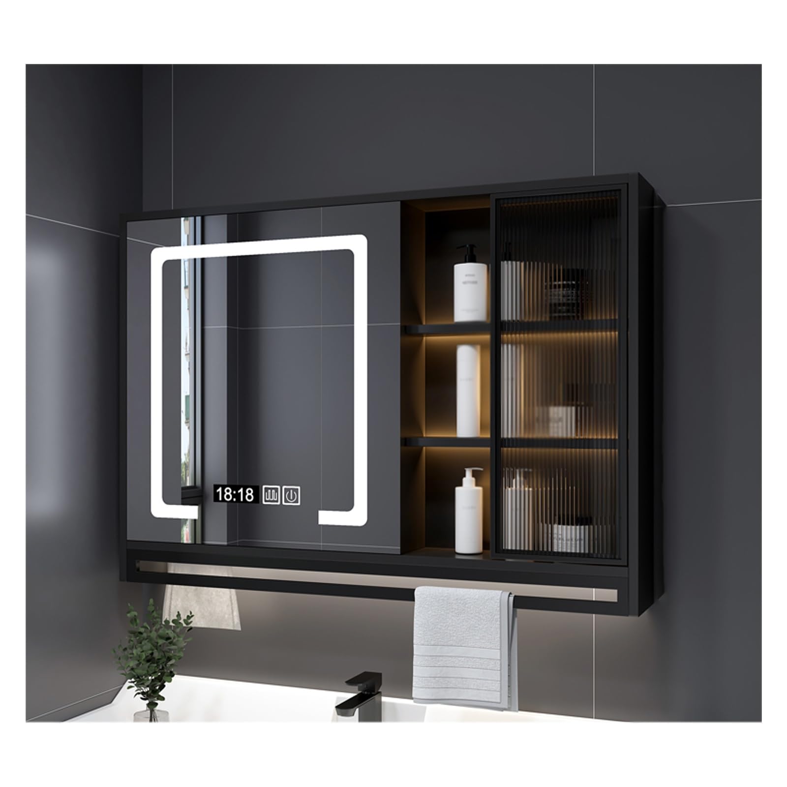 Armadietto da bagno con specchio da parete, elegante armadio per casa, hotel e appartamento, design nero aggiornato, 120 x 75 cm, perfetto per nizing Essentials