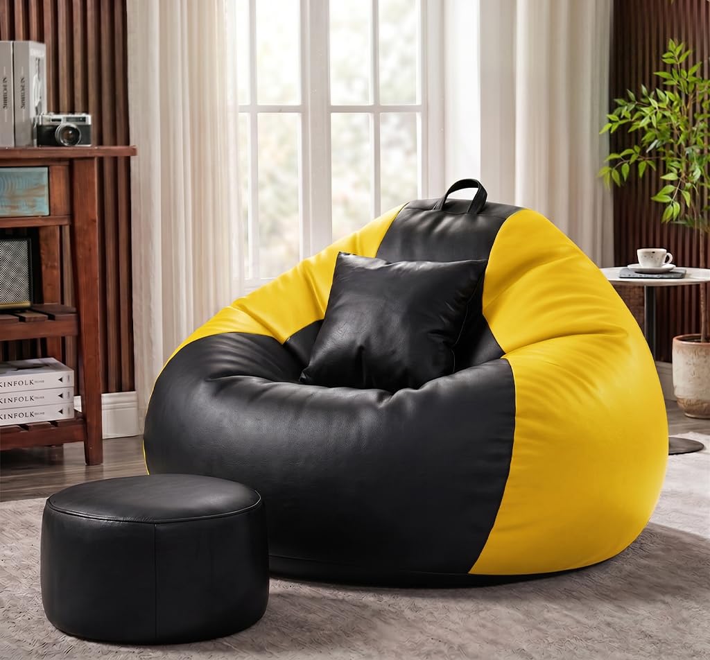 Sattva Classic 2XL Bean Bag Chair with Beans Filled | Faux Leather Sofa Style Bin Bags with Footstool & Cushion | Comfortable Beans Bag for Adults | Filled Beam Bag Sofa Seating | Black & Yellow-picture-22