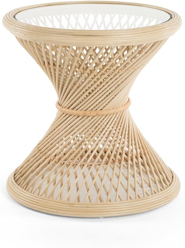 KOUBOO Peacock Rattan Sidetable with Glass Top, Natural