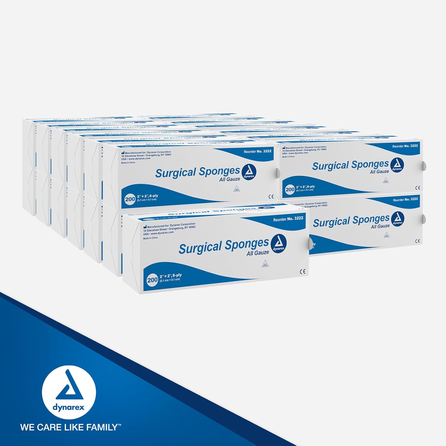 Dynarex Surgical Gauze Sponges- Absorbent Cotton Fabric with Folded Edges - Soft, Durable, Non-Sterile Dressing - 2x2, 8-Ply - 200 Sponges Per Sleeve, Case of 25 Sleeves