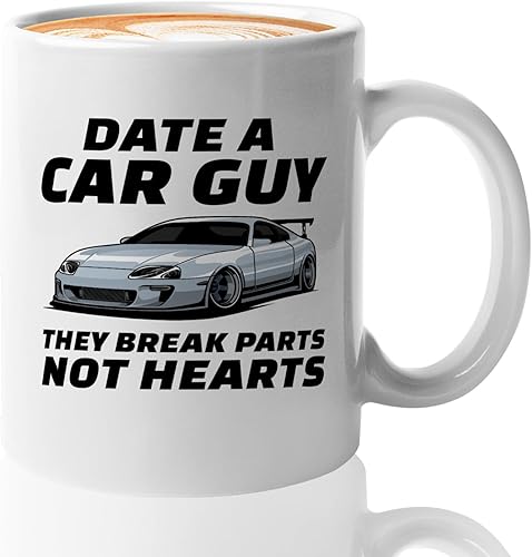 Carguy Taza de café de 11 onzas, color blanco, cita con un chico de coche, tehy romper partes, no corazones, divertido sarcasmo amante de los autos,