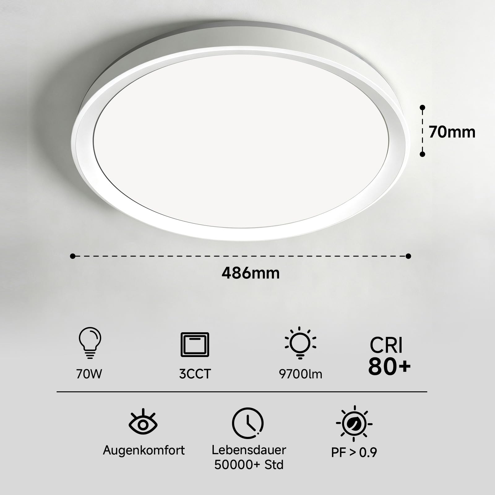 Deckenlampe LED Deckenleuchte,70W 9700lm, Ø48cm Weiße Wohnzimmer Lampe,3 Farbtemperaturen (3000K/4000K/6500K) per Wandschalter Steuerbar,CRI80+ Augenfreundlich,für Flur,Schlafzimmer,Büro