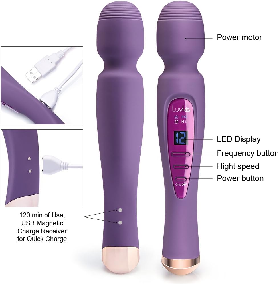 Cordless Wand Massager 12 Speed Magnetic Rechargeable Strong Power Toy with LED Indicator Luvkis Waterproof Power Wand for Muscle Aches & Sport Recovery-Grape Purple…