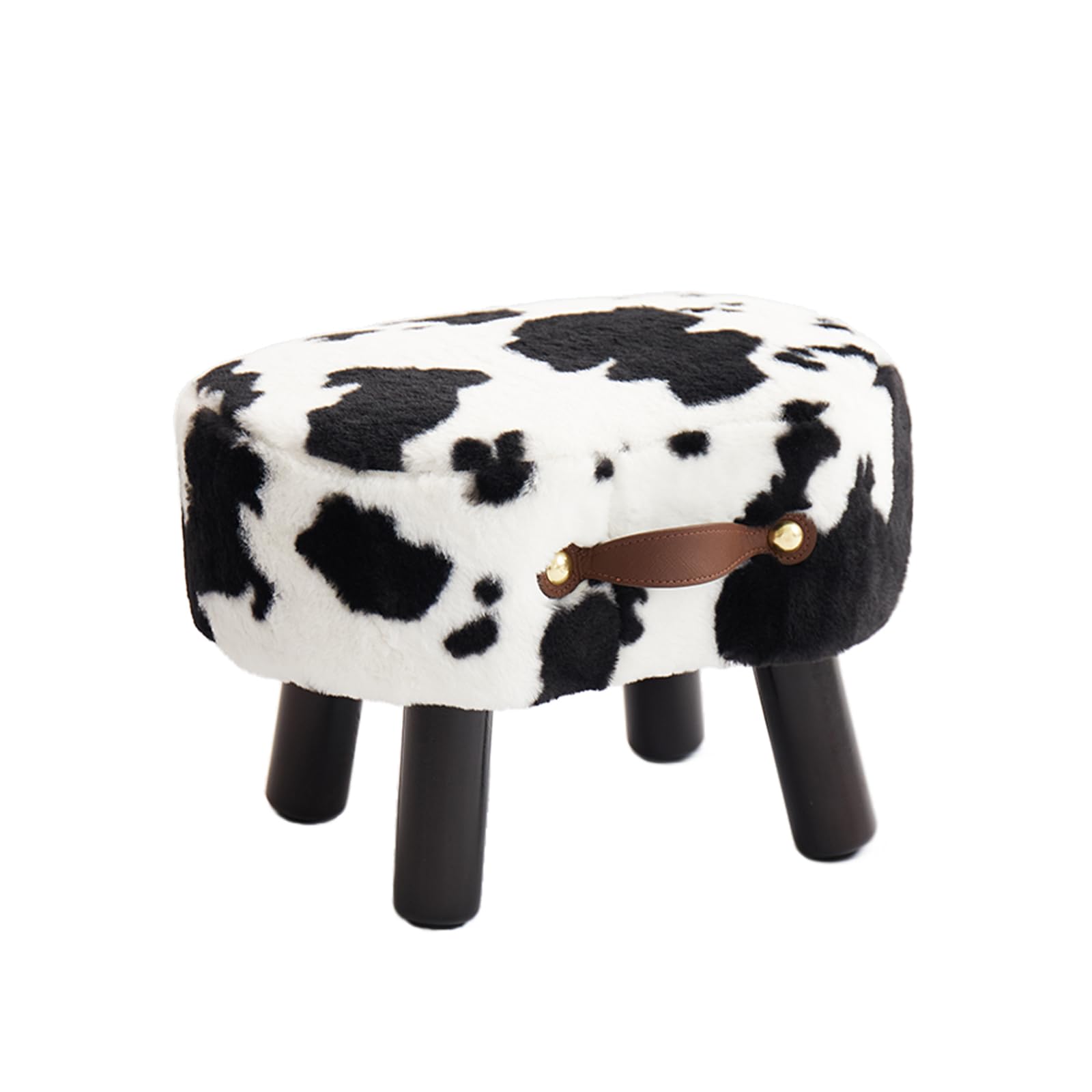 Small Footstool with Handle, Faux Fur Ottoman Foot Rest with Padded Seat, Curved Foot Stool with Wooden Legs, Portable Foot Rest for Living Room, Bedroom, Entryway, Cow