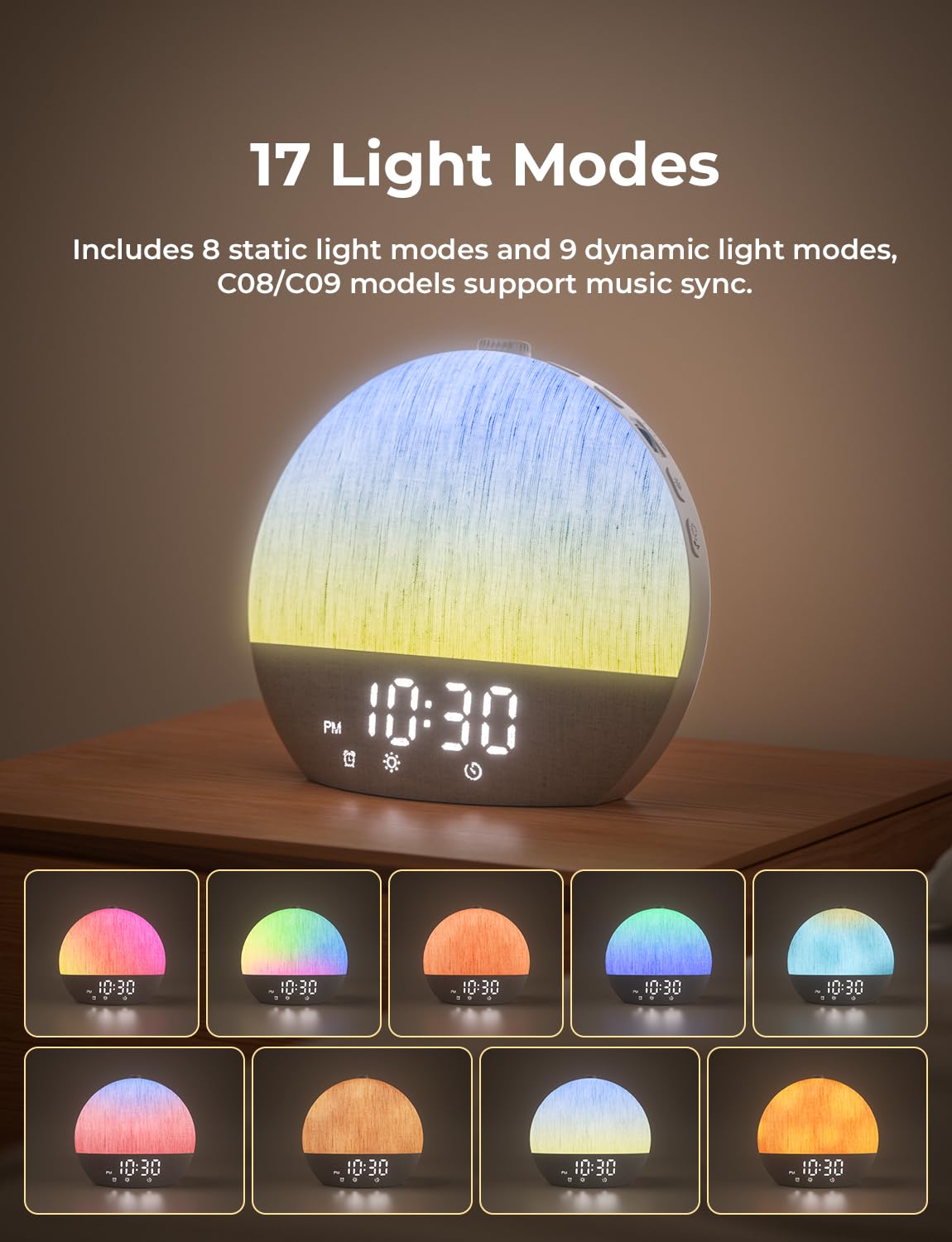LIORQUE Réveil Lumineux Simulateur d'Aube, Reveil Simulateur d'Aube sur Lampe de Chevet, 17 Modes d'éclairage, 30 Sons apaisants, Mode Sommeil, Connexion Bluetooth, avec Alarme et Fonction Snooze