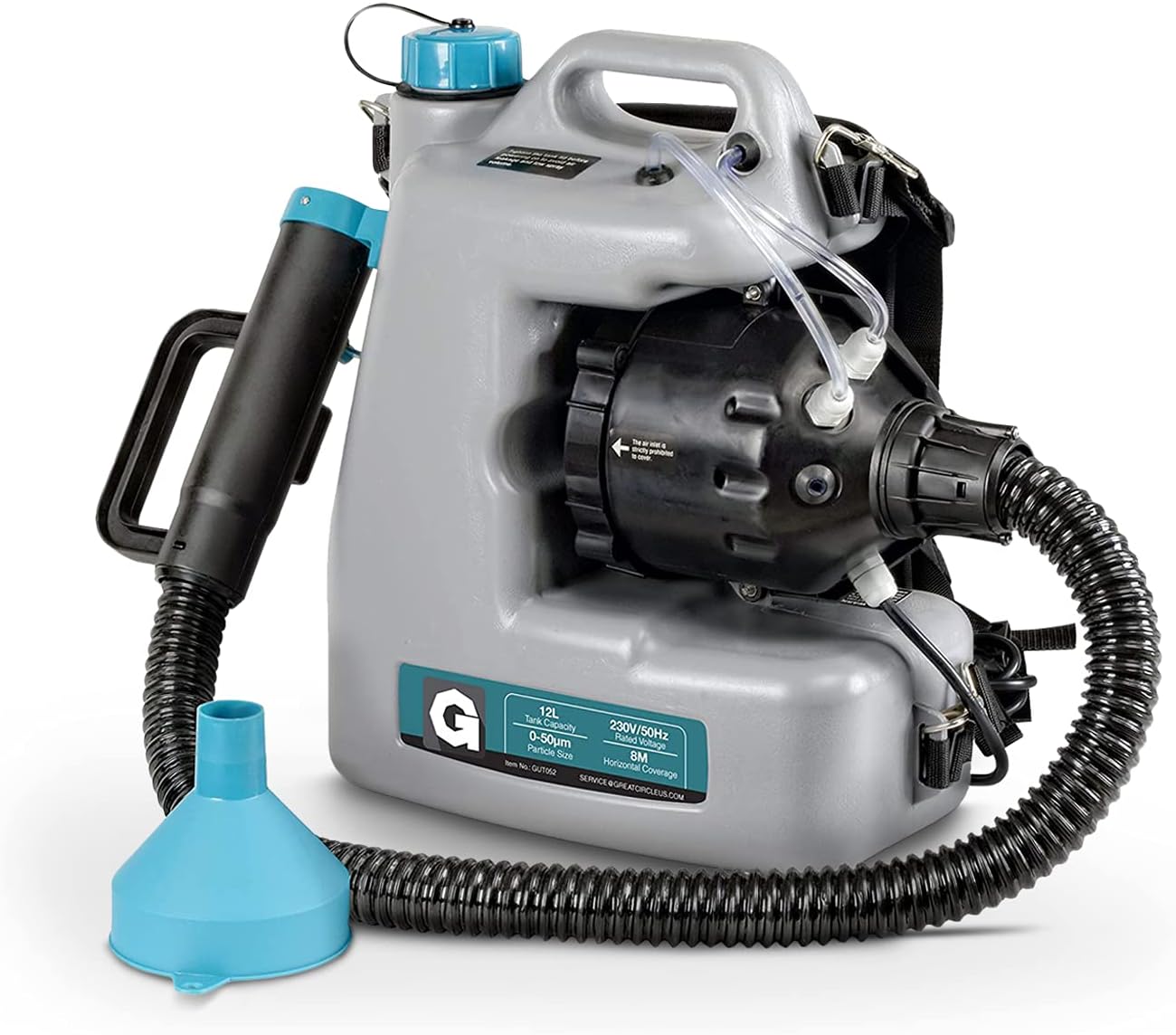 G Fogger Machine Disinfectant Corded Backpack Mist Duster ULV Sprayer 12L 1-15GPH Mist Blower Adjustable Particle Size 0-50um/Mm with Extended Commercial Hose and Spray Nozzle