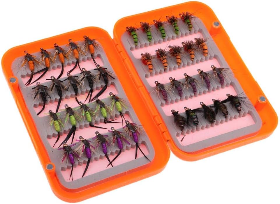 40pcs Bead Head Nymphs Salmon Trout Wet Fly Fishing Lures Kit, Artificial Feather Hooks for Bass Steelhead, Complete Flies Box Set for Fly Fishing Enthusiasts