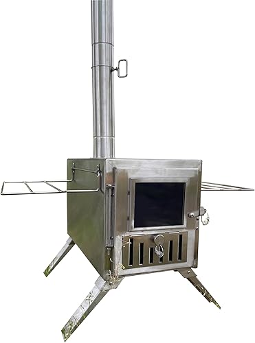 Estufa de leña, estufa portátil para acampar con tubos de chimenea, ventana delantera, estantes laterales, mini estufa de leña para tienda de