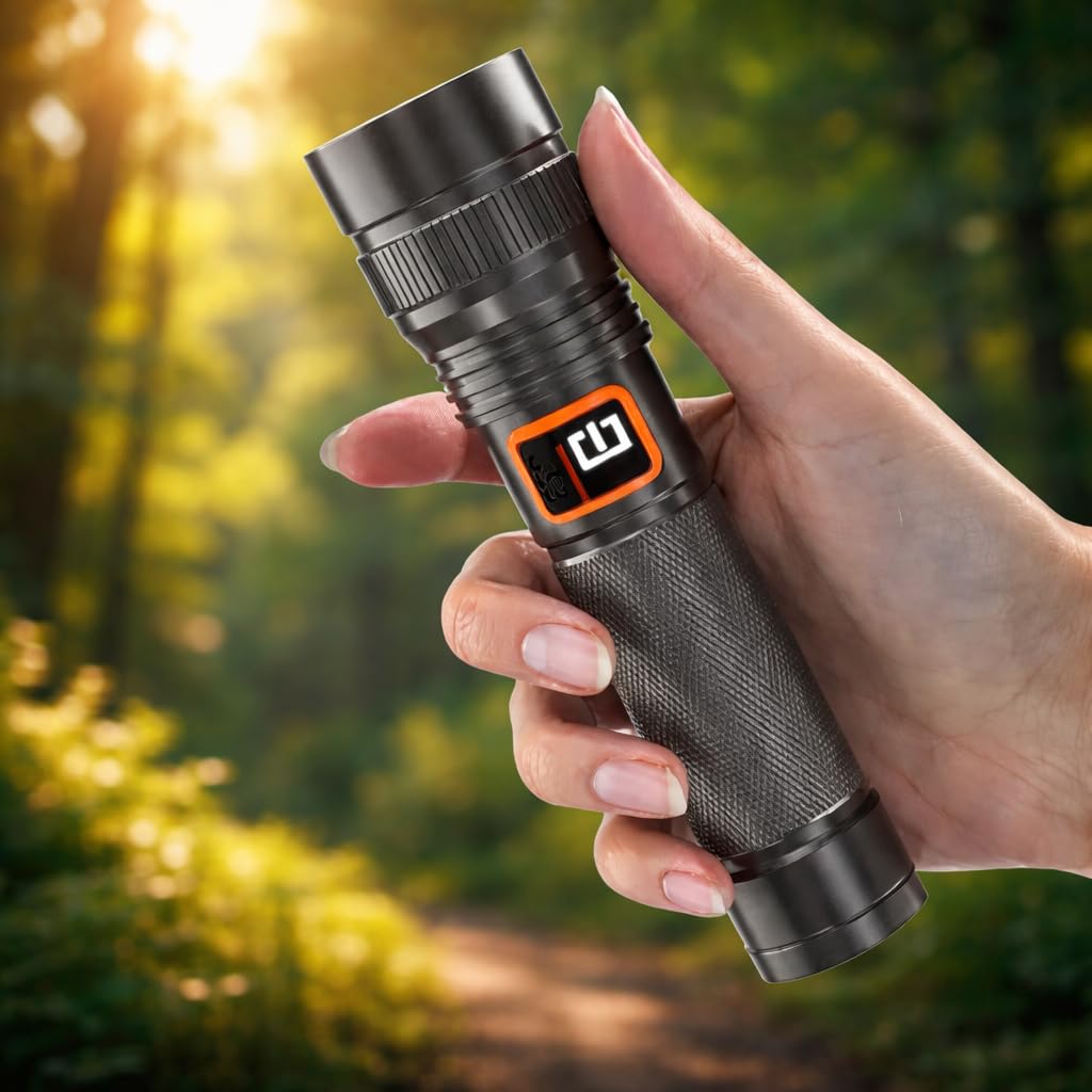 Rechargeable Tactical Flashlight with Type-C | Ultra-Bright 10,000 Lumens LED Torch, Long-Range Beam, Waterproof for Outdoor Trekking & Emergency Use (M035-Torch)