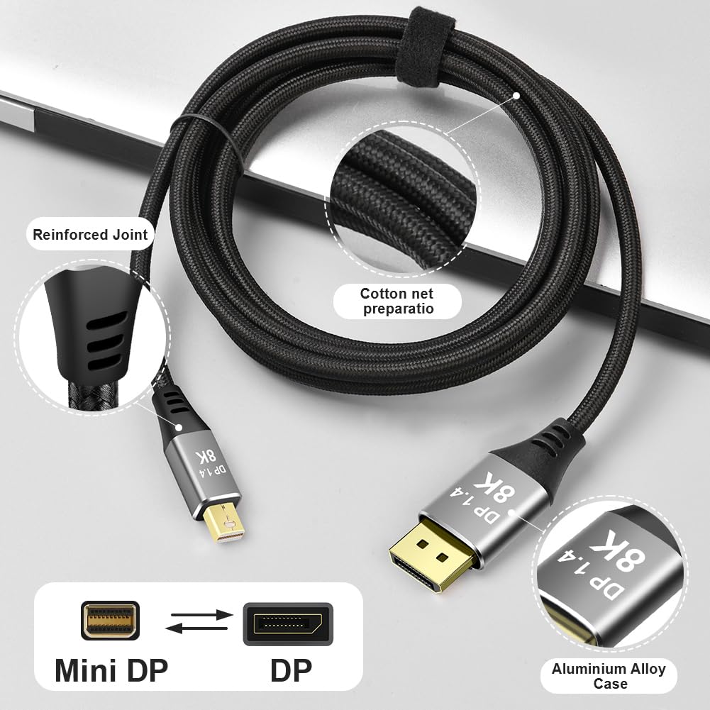 AXFEE Cable DisplayPort, 2 m 8 K 1,4 cable Mini DisplayPort a HDMI soporta 4 k@144 Hz/165 Hz, 2 k@240 Hz, 8 k@60 Hz, compatible con monitor de juego, tarjeta gráfica, TV, PC, ordenador portátil