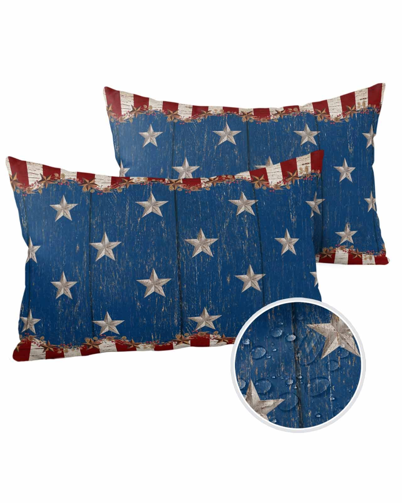 Boanket Lumbar Pillow Covers 12 x 20 in, 4th of July Waterproof Throw Pillow Cover Set of 2, Vintage Country Star Blue Red Wooden Home Decorative Rectangle Cushion Covers for Patio/Tent/Couch/Garden