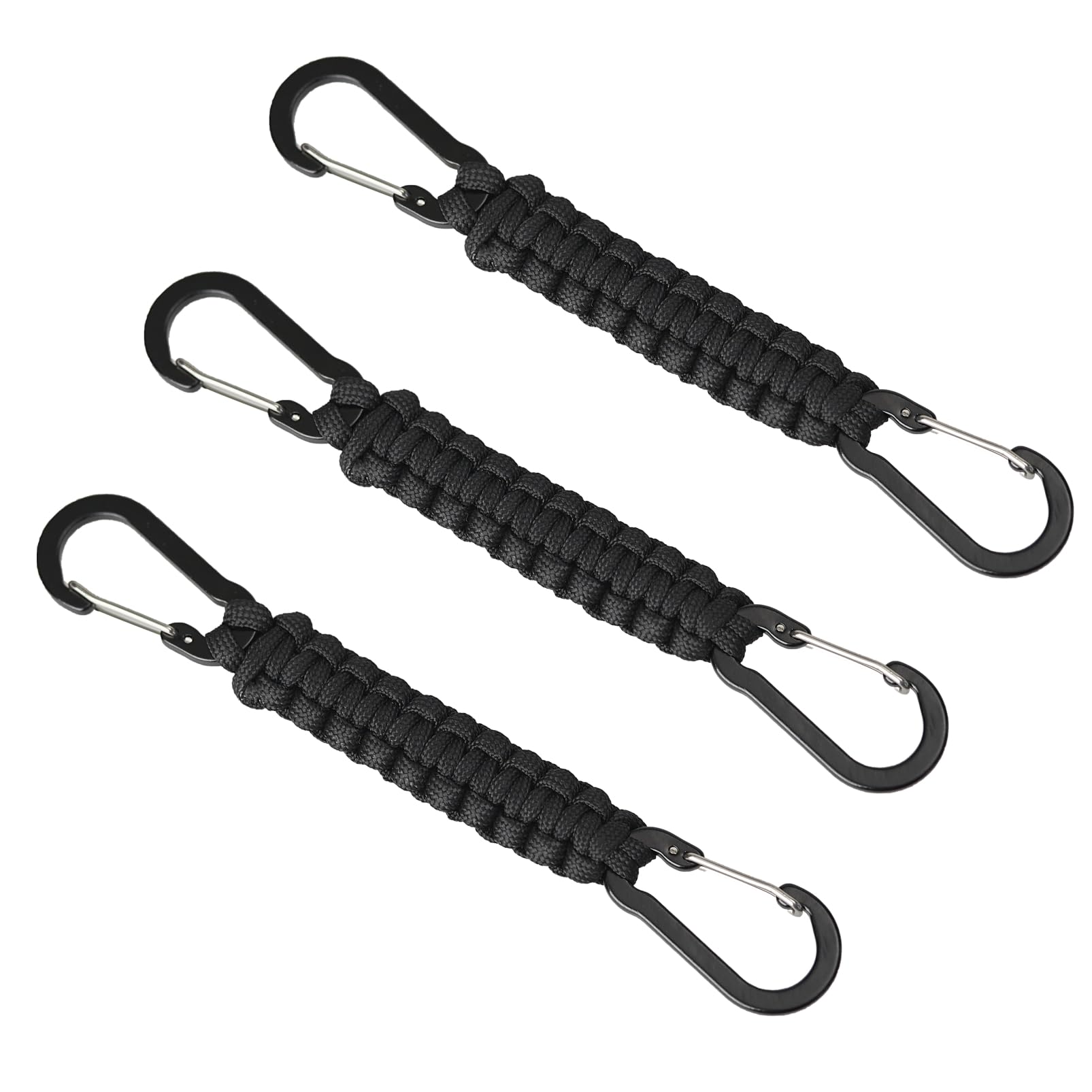 Noopel Paracord Keychain with Carabiner Clips 3 Pack, Paracord Keyring Clip with D Ring Hanger for Camping, Hiking, Fishing, Or as A Key Organiser for Men (Black)