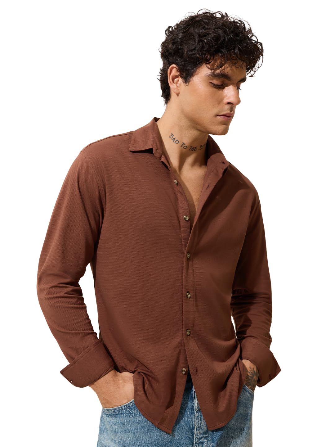 the souled store Solids: Amber Glow Men and Boys Long Sleeve Spread Collar Brown Textured Lightweight Easy to Style Everyday Office Wear Cotton Regular Shirt-picture-20