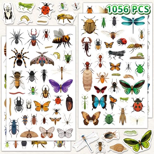 1056 PCS Bug Stickers for Kids, 32 Sheets Insect Stickers Pack for Boys Girls Toddlers Small Vinyl Nature Sticker for Water Bottles, Scrapbook, Laptops Bug Decals Realistic