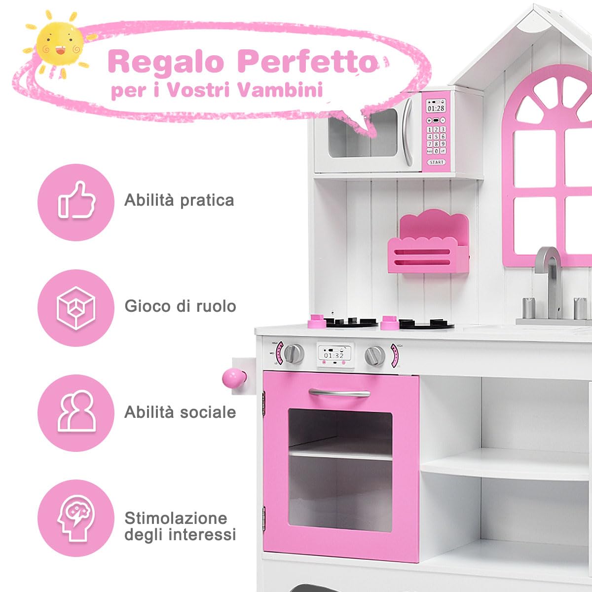RELAX4LIFE Cucina Legno per Bambini, Cucina Giocattolo con Forno, Microonde e Fornelli, Mini Cucina, Giocattolo Educativo per Bambini 3+ Anni (Modello 1)