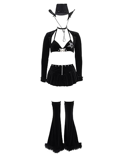 MEOWCOS Gothic Cowgirl Suit Halloween Black Bra and Skirt with Crop Cardigan and Hat - Black - X-Large