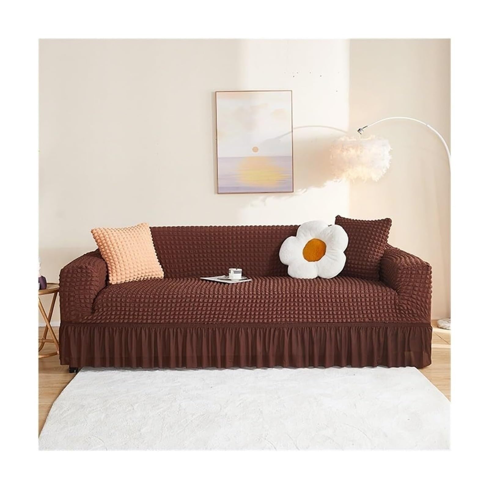 BEIWOSHA Seersucker Sofa Slipcover With Elastic Bottom And Ruffle Skirt, Washable Couch Covers High Stretch Furniture Slipcovers(3,2 seaters(145-185cm))