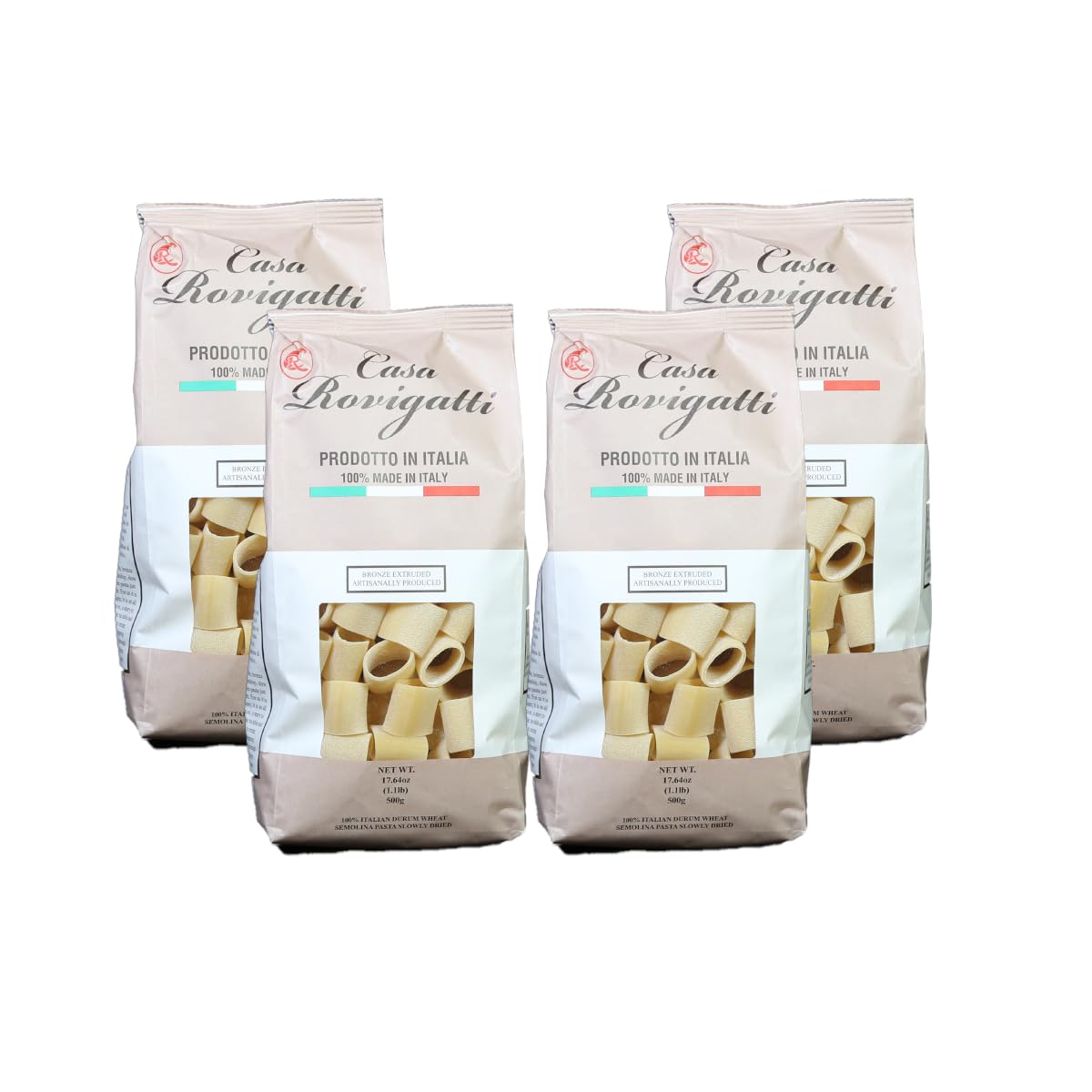 Casa Rovigatti Premium Italian Pasta, Bronze Mezzi Paccheri, 100% Durum Wheat Semolina, 17.6 oz, 500g, Artisanal Slow-Dried Pack of 4