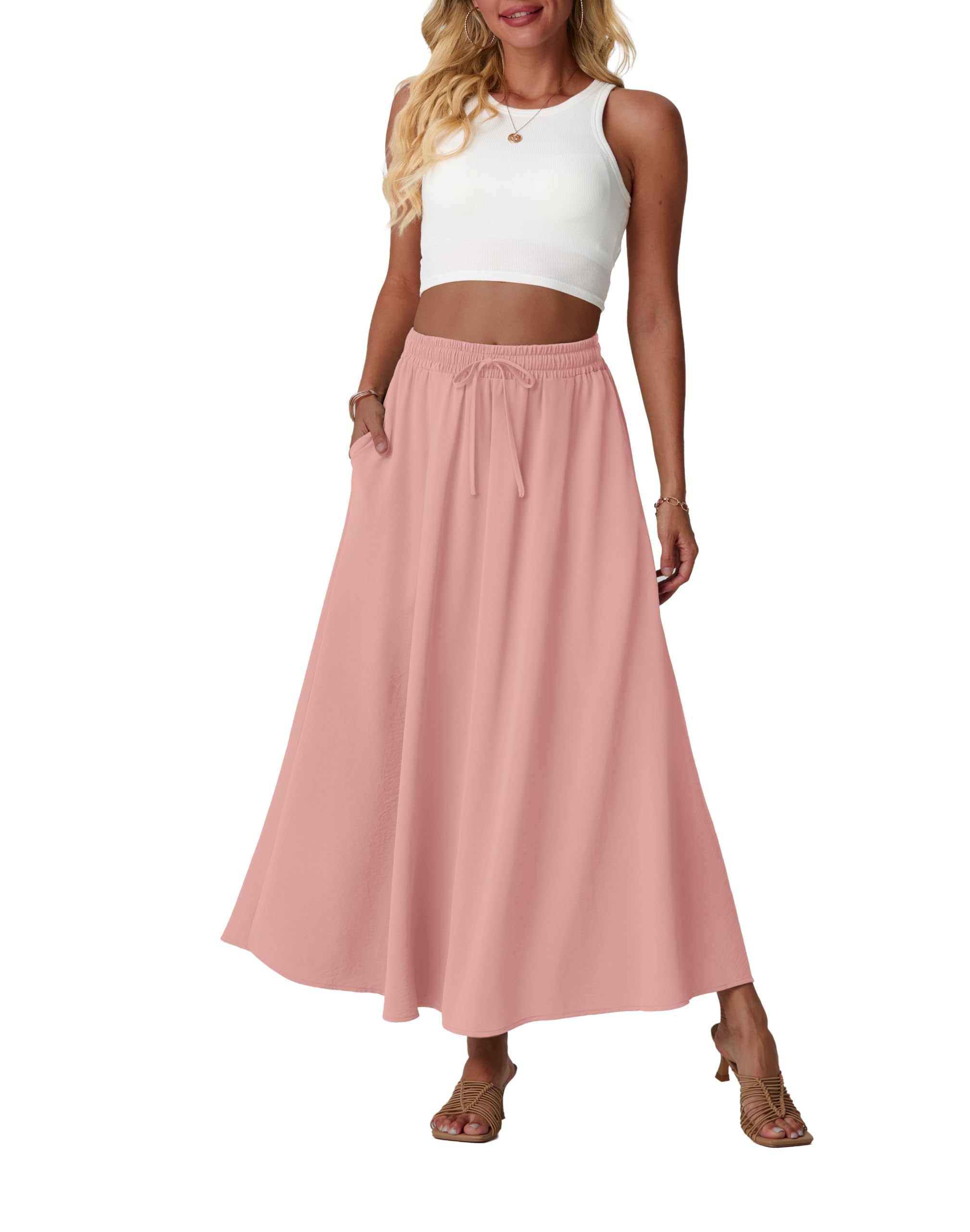 Lepunuo Women Flowy Maxi Skirts High Waisted Summer Casual Long Skirts with Pockets A-Line Elastic Waist