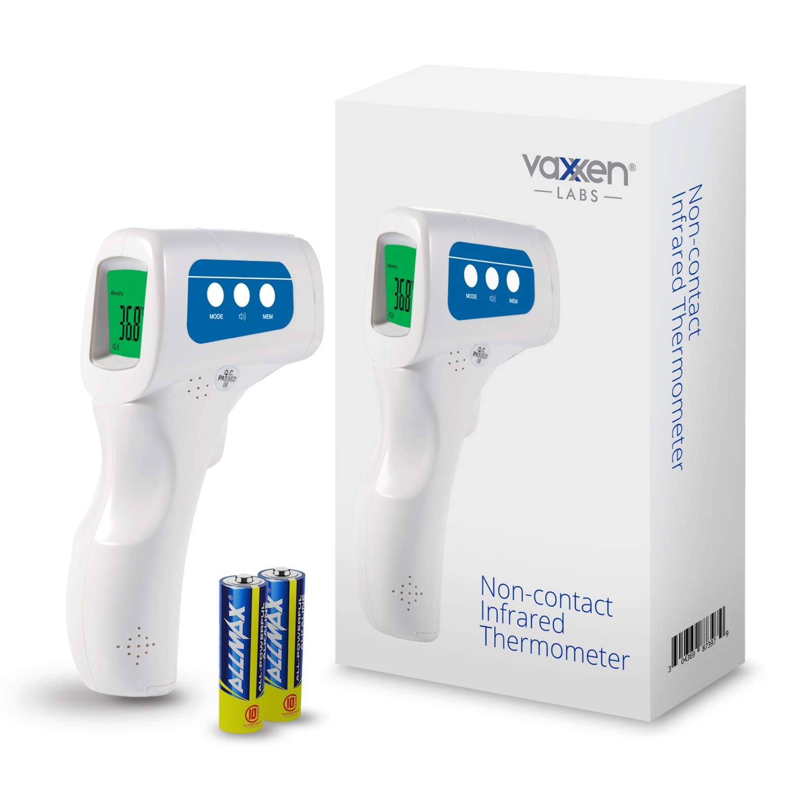 Vaxxen Labs No Touch Infrared Forehead Thermometer. Calibrated for Accuracy for Clinical and Medical use. 1 Second Readings with Auto Power Off