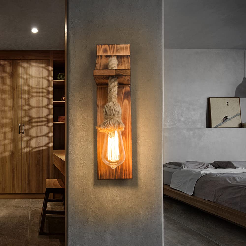 Wall Lights,Retro Wall Lights Indoor Vintage Industrial Wall Lamp Wooden Hemp Rope E27 Wall Lighting For Living Room Bedside Bedroom Table Corridor Cafe Bar Decorate Wall Sconce (C