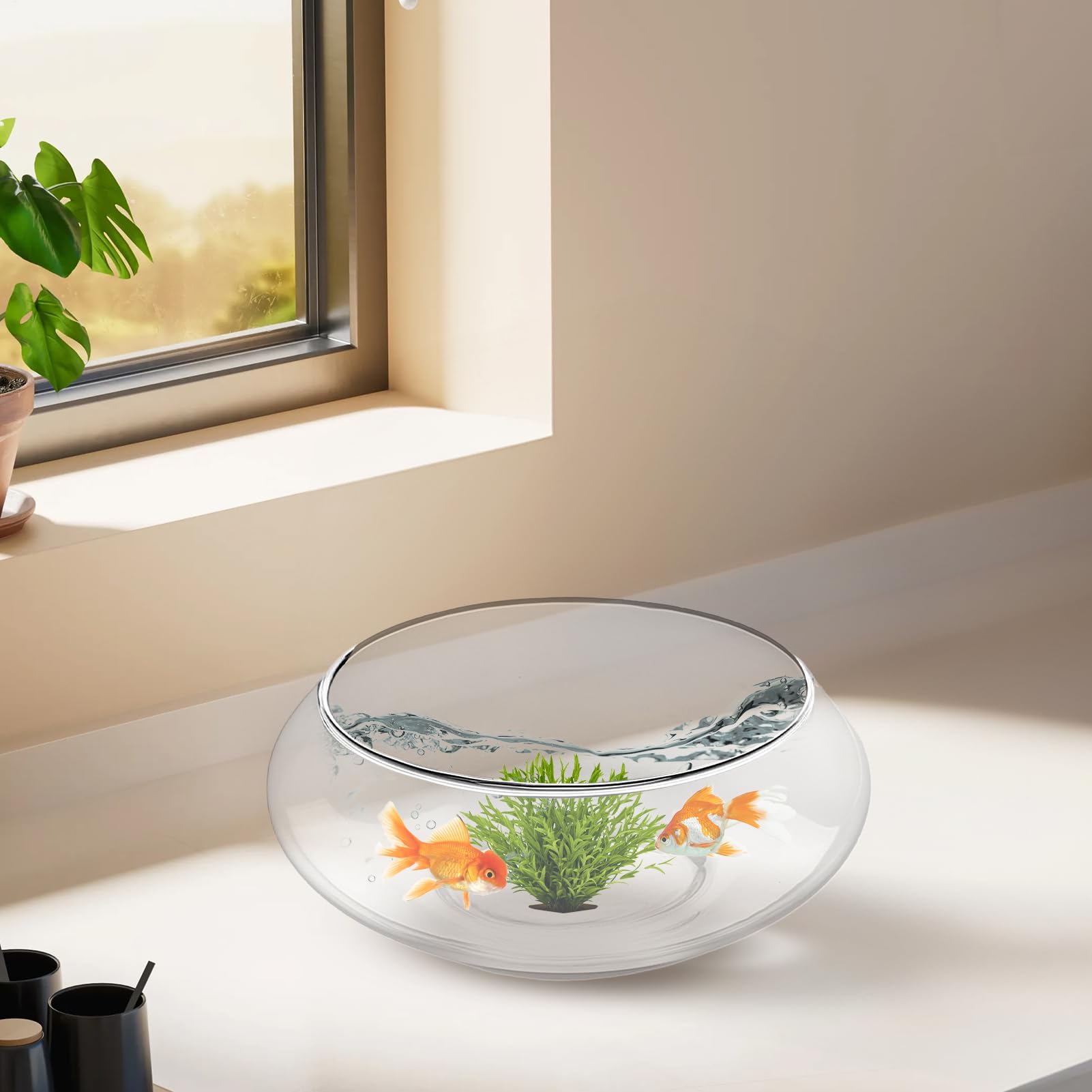 Glasschale für Pflanzen, Hydrokultur-Bonsai-, flach, breit, rund, Fischschale für Innenbereich, Heimdekoration, Tafelaufsätze, Pflanzen, Bonsai, Sukkulenten, Blumen-Display