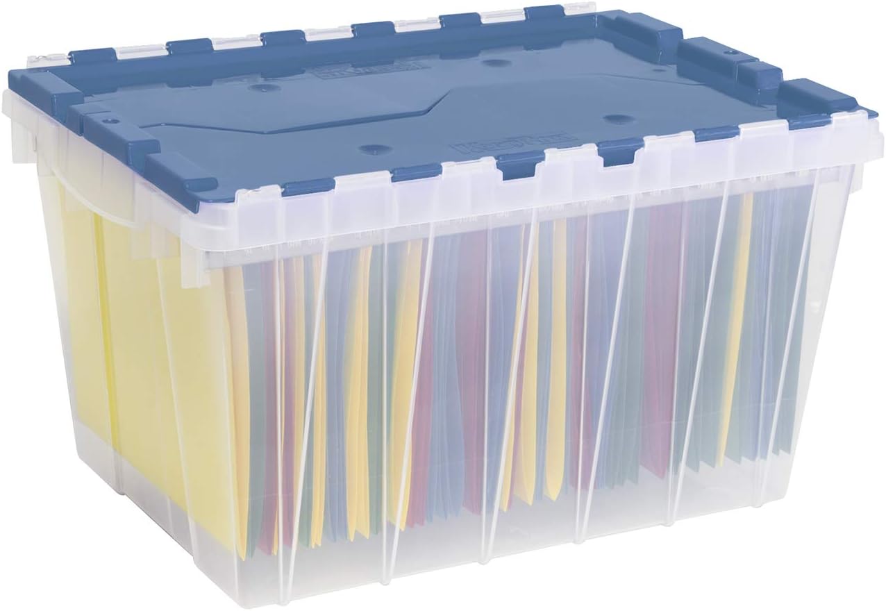 Akro-Mils 12 Gallon KeepBox File Box Plastic Stackable Storage Container with Hinged Attached Lid and Rails for Hanging File Folders, 21-Inch L x 15-Inch W x 12-Inch H, Clear/Blue : Everything Else