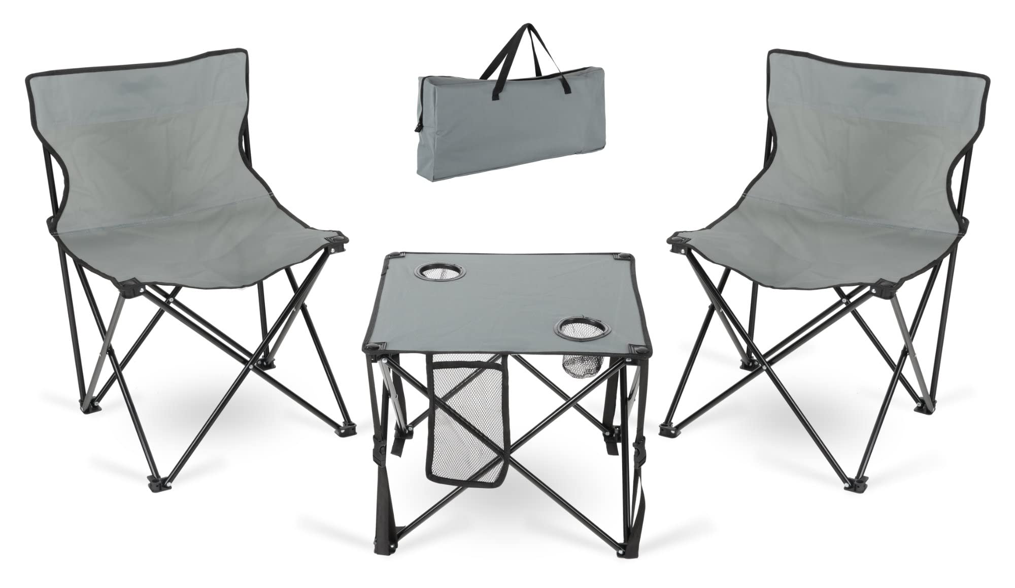 Stagecaptain CS-4547 Campingtisch mit 2 klappbaren Stühlen, Getränkehalter, Tragetasche, ideal für Festivals, Angeln & Camping – Grau