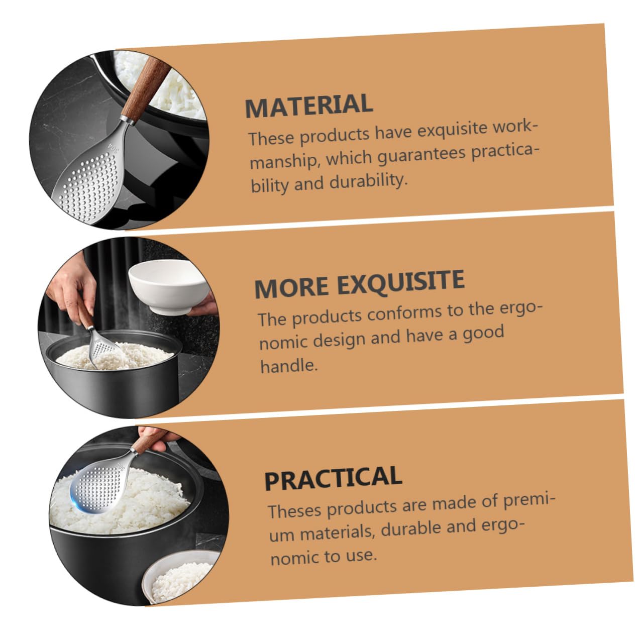 STOBAZA Ergonomic Rice Scoop Wooden Handle Stainless Steel Spoon Rice Cooker Spatula Servers Spoon