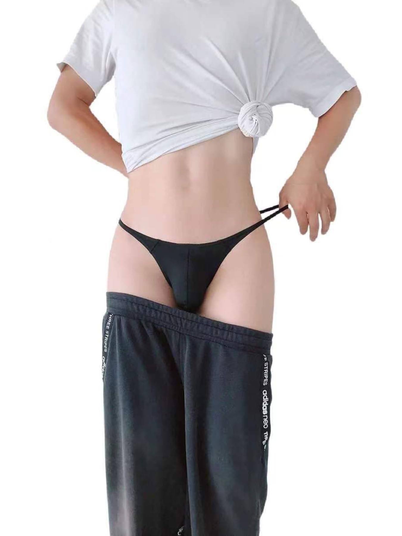 String en Nylon pour Homme - Dos en T sans Couture - Slip Sexy Taille Basse - G-String Bulge Pouch sous-vêtements Noir/Noir
