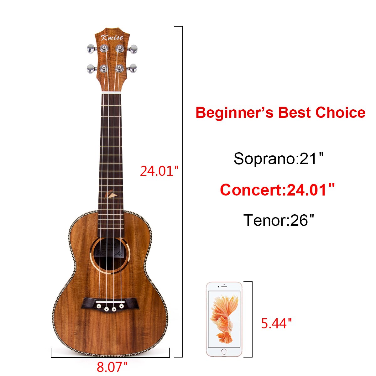 Kmise Konzert Ukulele Hawaii Gitarre 58,4 cm 18 Bünde mit Fichte Palisander