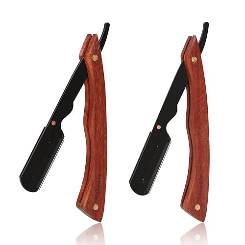 100 cuchillas + 2 maquinillas de afeitar rectas, cuchillas de acero al cromo de alta dureza y mango de sándalo rojo de alta calidad, rasuradora de